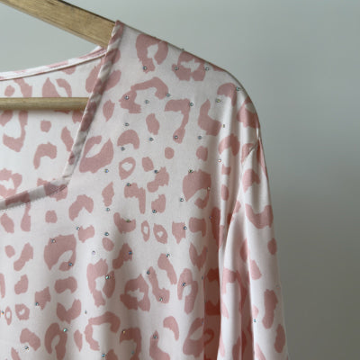 Beaded satin pink tiger patterned maxi dress , Jalabiya  جلابية حرير بفصوص بنمط تايغر وردي