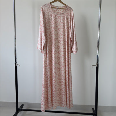 Beaded satin pink tiger patterned maxi dress , Jalabiya  جلابية حرير بفصوص بنمط تايغر وردي