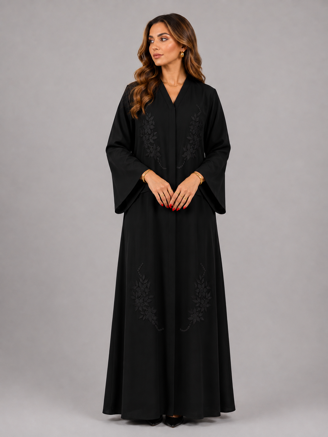 SARA , Crepe Abaya with Black Embroidery عباية سارة ، عباية كريب مطرزة ، تطريز أسود hajer collection