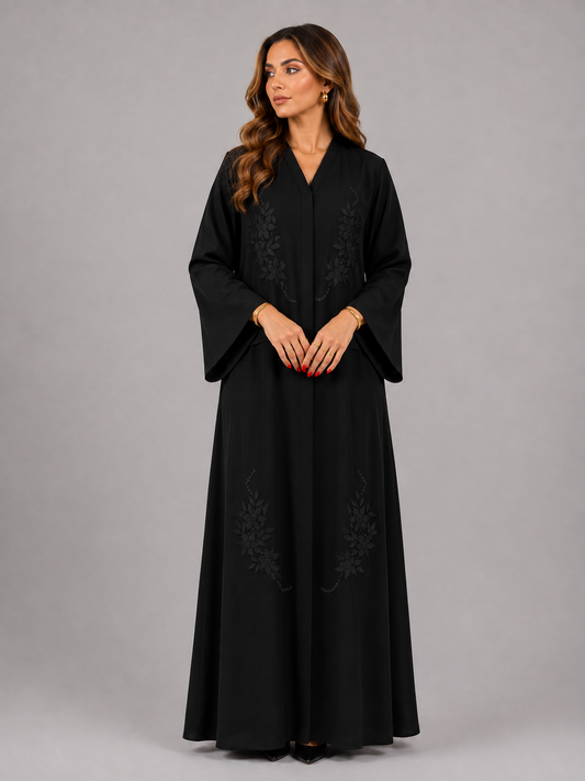 SARA , Crepe Abaya with Black Embroidery عباية سارة ، عباية كريب مطرزة ، تطريز أسود hajer collection