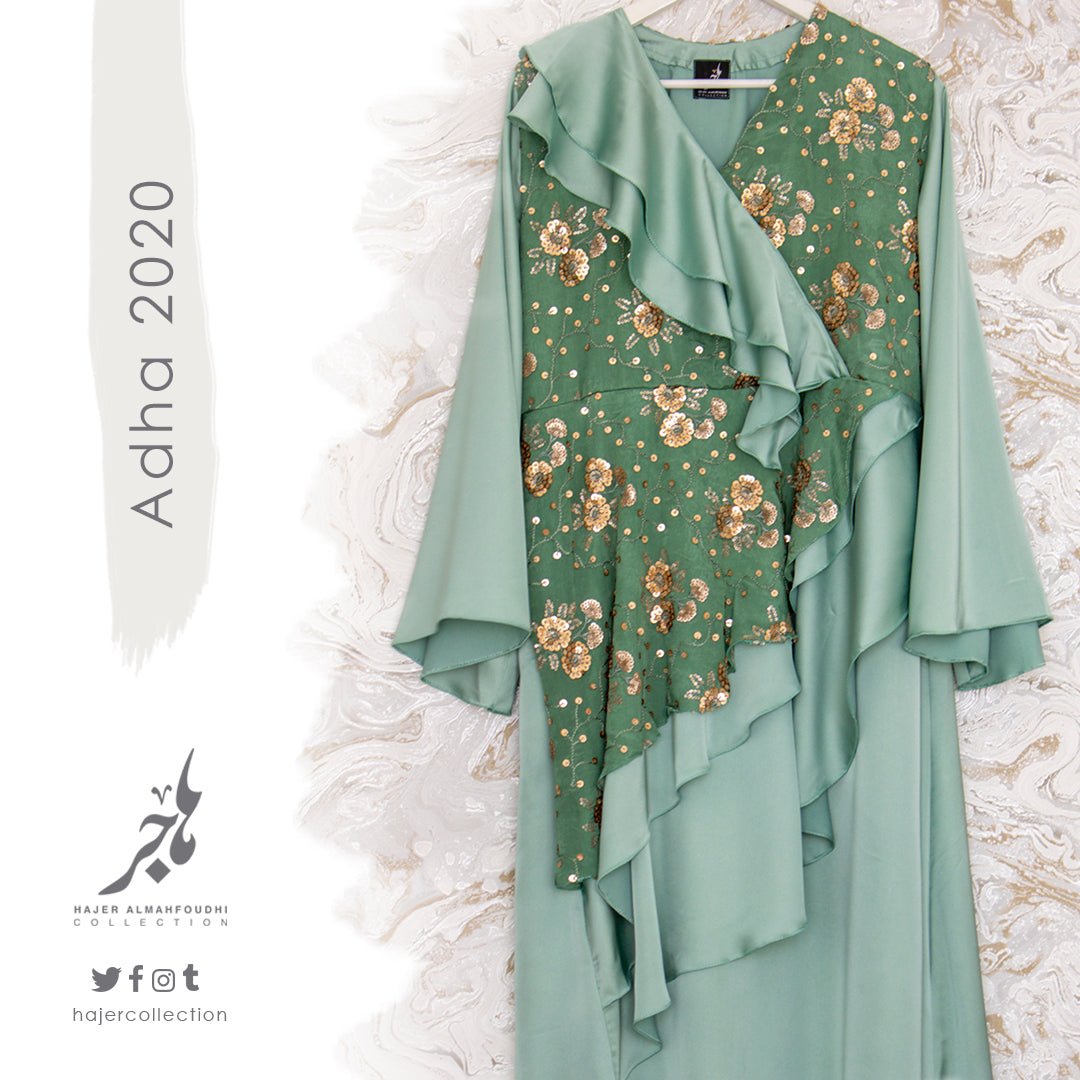 Silk & Beaded Chifon Dress لبس ساتان وشيفون أخضر