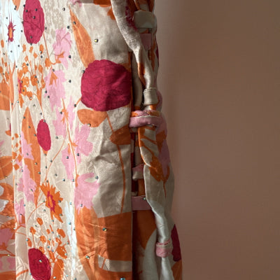 Floral stone beaded satin maxi dress , Jalabiya  جلابية حرير بفصوص بربطات جانبية