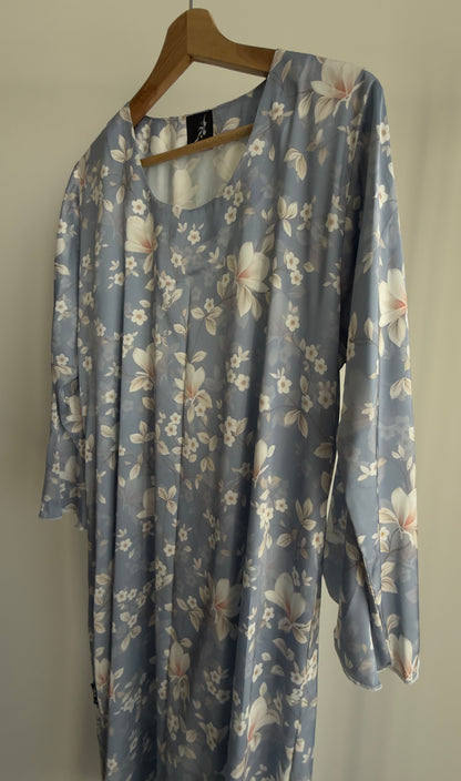 Blue Floral Silk Dress لبس حرير فضفاض