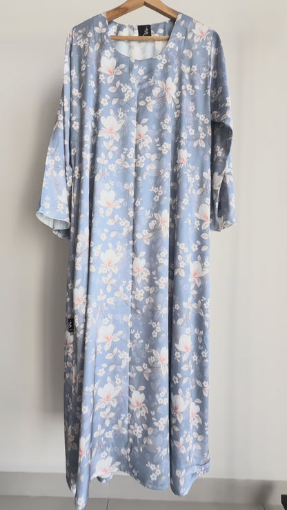 Blue Floral Silk Dress لبس حرير فضفاض