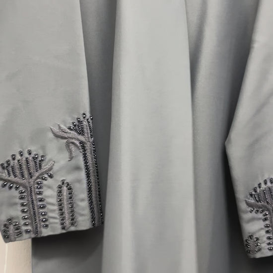 عباية تفتا رمادي Tefta sleeve beaded Abaya