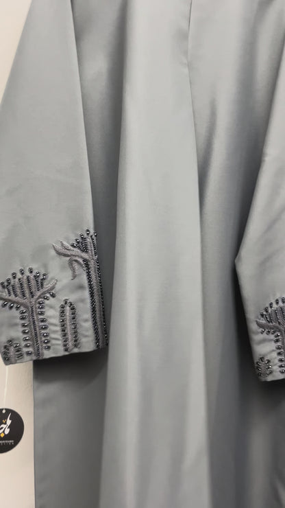 عباية تفتا رمادي Tefta sleeve beaded Abaya